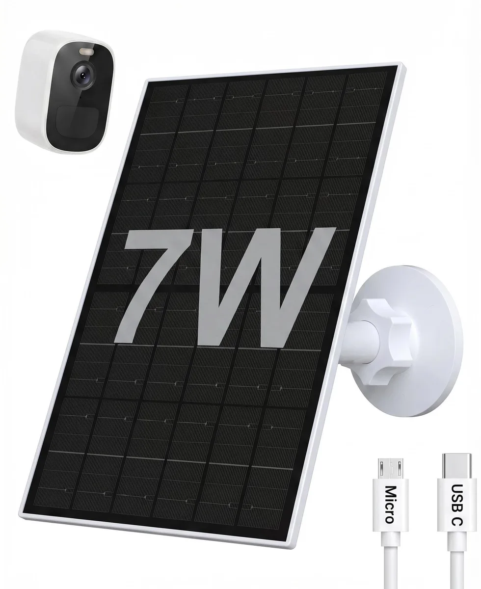 White rectangular solar panel with adjustable bracket and cable, 8.66 by 5.71 inches