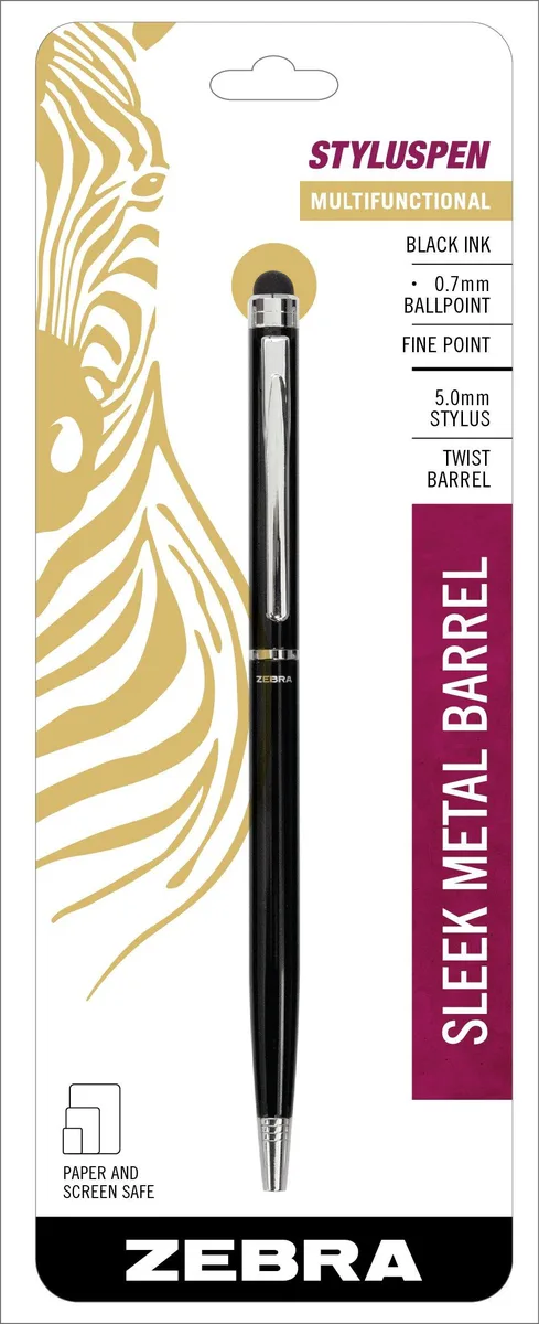 Black metal dual-tip pen stylus with twist mechanism and clip
