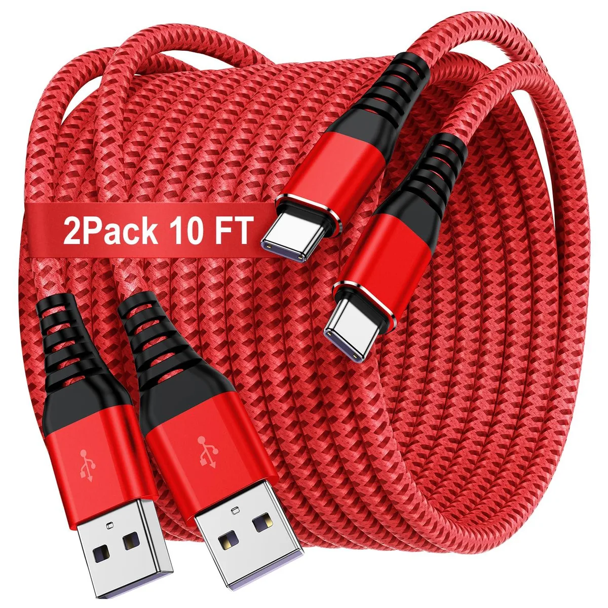  GE red-3 USB-C phone cable 10 ft 2-pack red braided 3.1A 480Mbps — product photo
