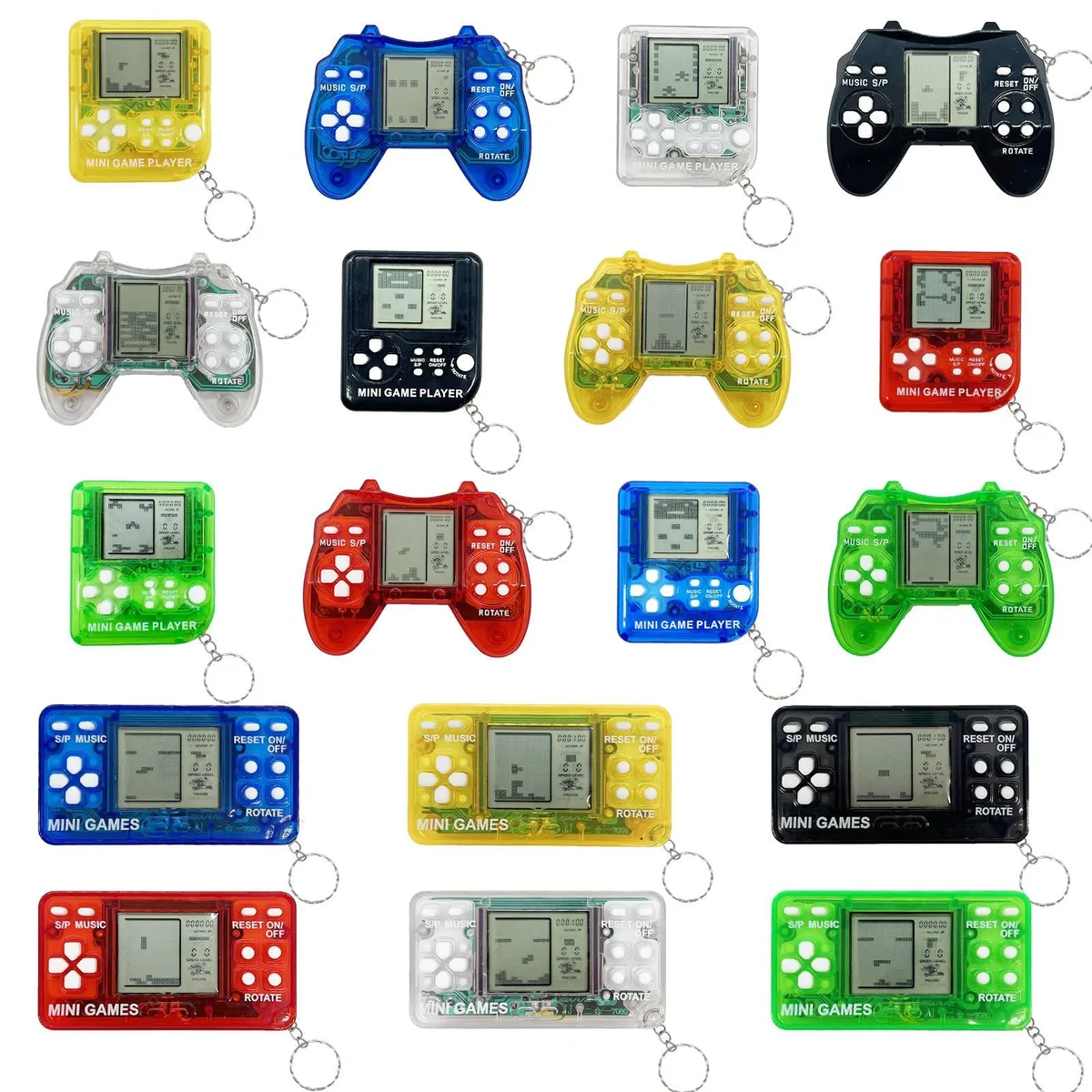 Eighteen tiny plastic game-console keychains in six bright colours with raised buttons and attached rings