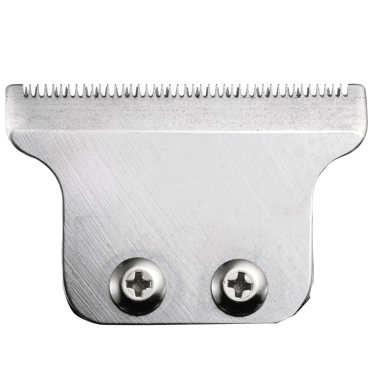 Silver metal T-blade trimmer head with staggered teeth, shown against a plain background