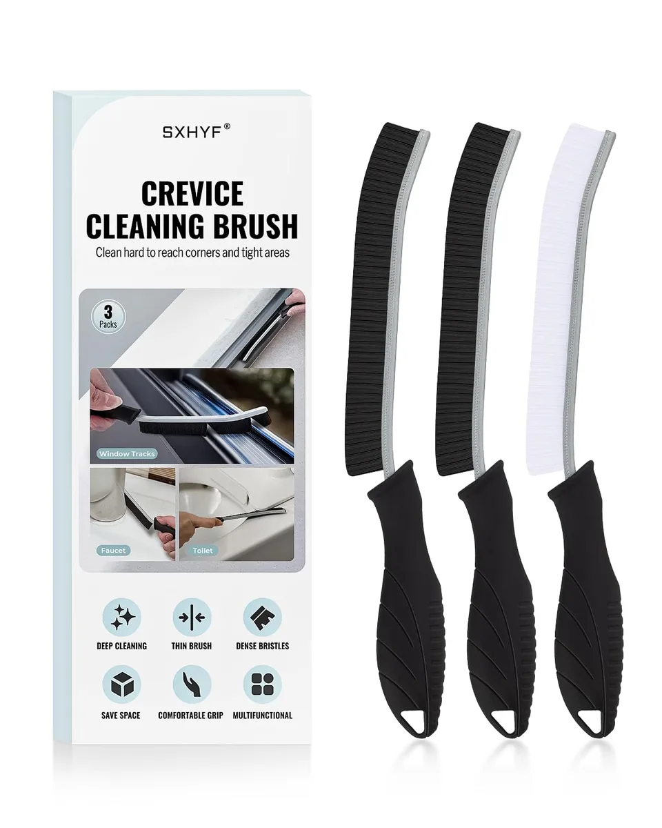 Black plastic cleaning brush with narrow head and hanging hole, 110g