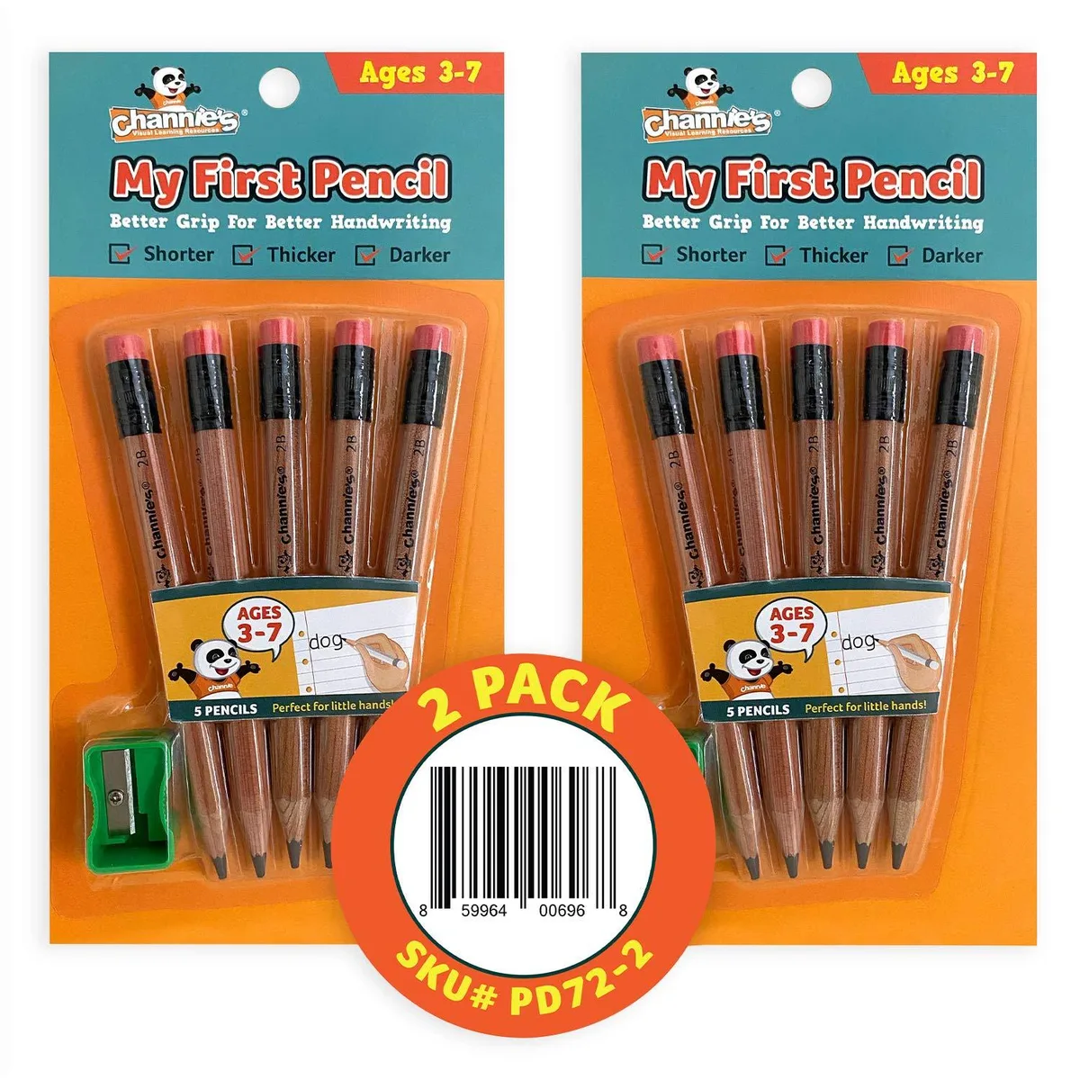 Ten brown wooden jumbo graphite pencils and a sharpener