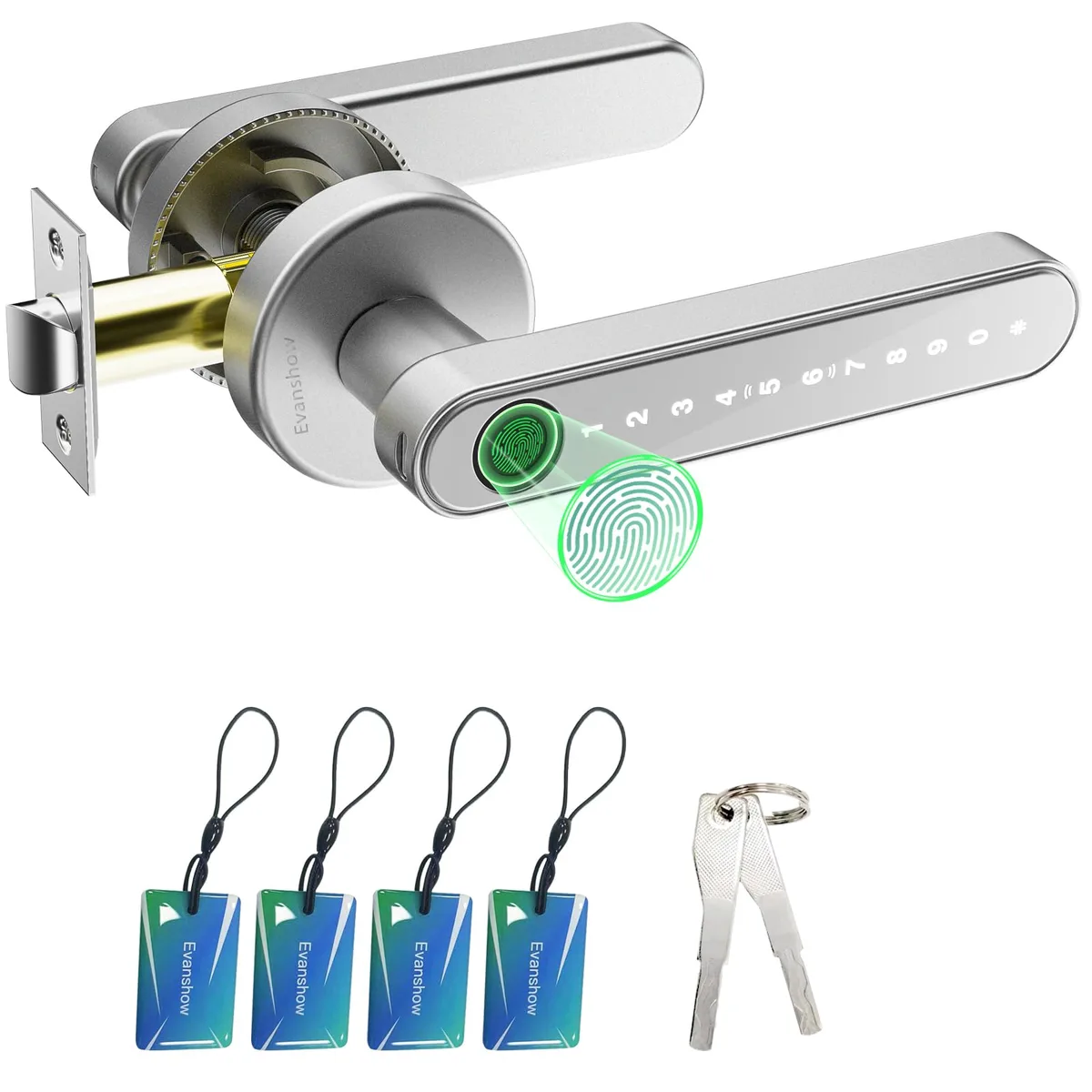 Silver aluminium door knob with touchscreen keypad and fingerprint sensor