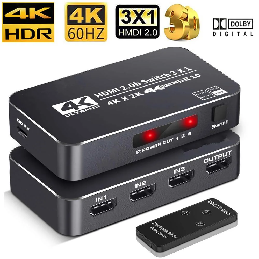 LUOM LUOM OZQ2-2 3-in-1-out HDMI 2.0 video switch 4K@60Hz 18.5Gbps HDR10 HDCP 2.2 IR remote black — product photo