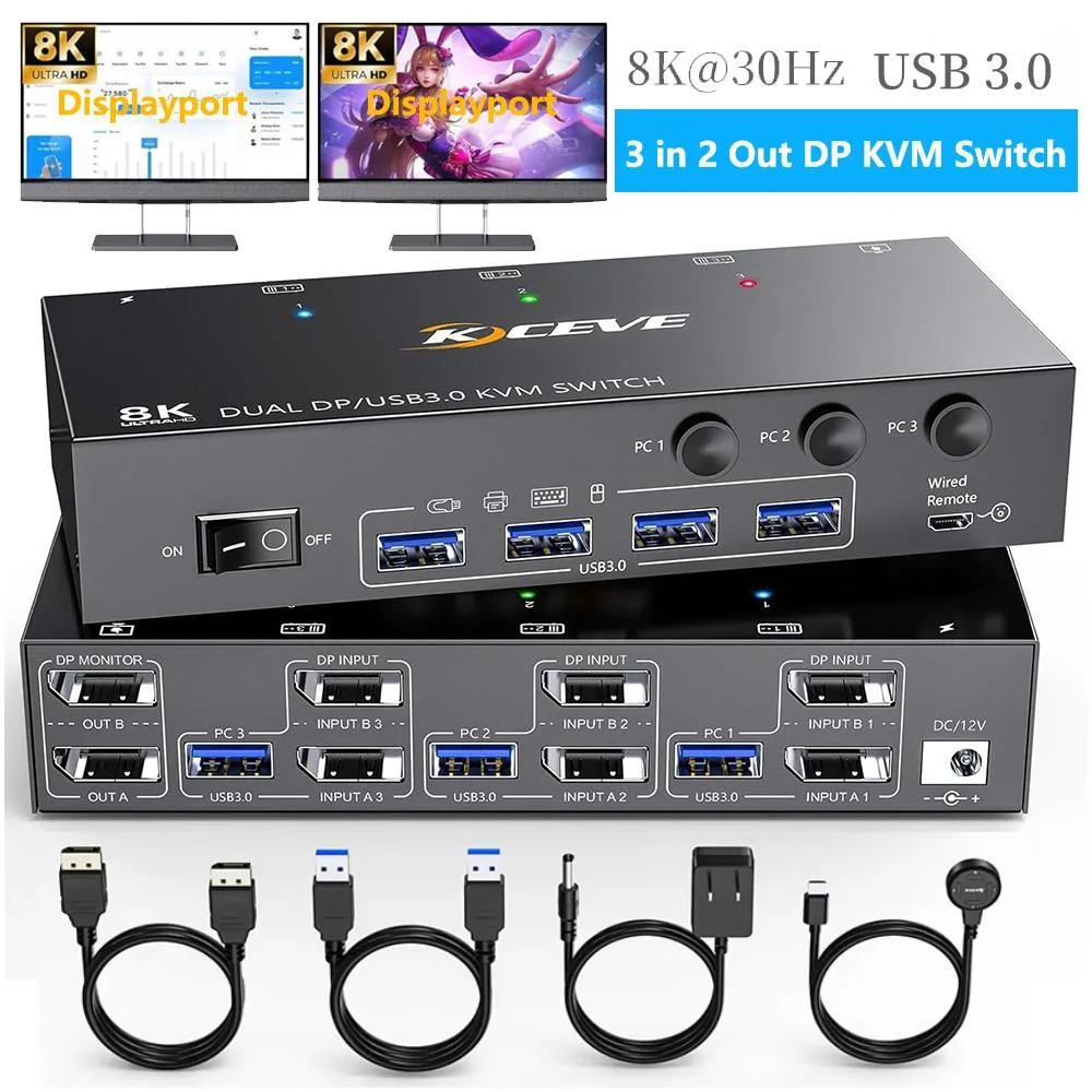 WRIARICH WRIARICH KVM302DP KVM Switch 3 PC 2 Monitor 8K@60Hz 4K@144Hz 4 USB 3.0 — product photo