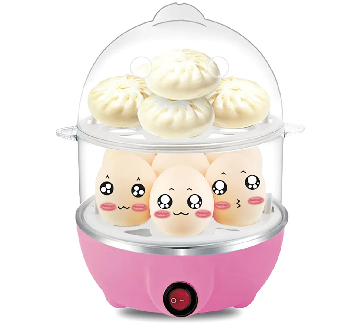 Pink two-tier plastic egg steamer, 6 inch diameter