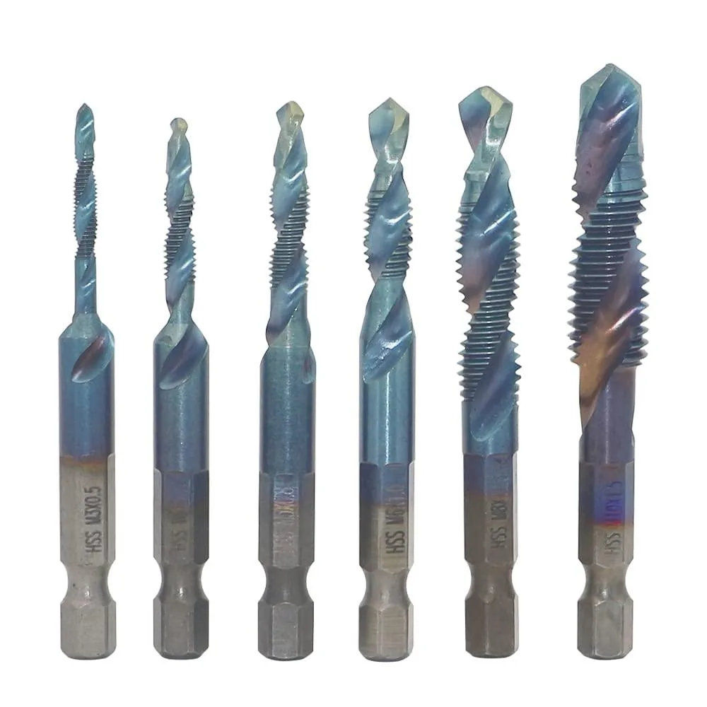 Six titanium-coated HSS 4341 drill-tap bits with 1/4-inch hex shanks in a storage case