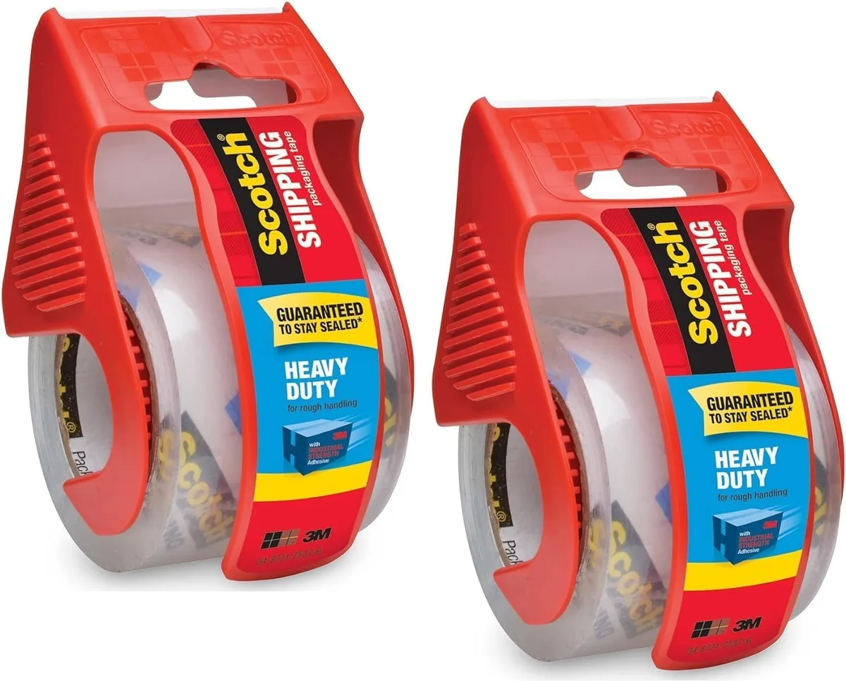 Two clear rolls of heavy duty packaging tape on dispensers