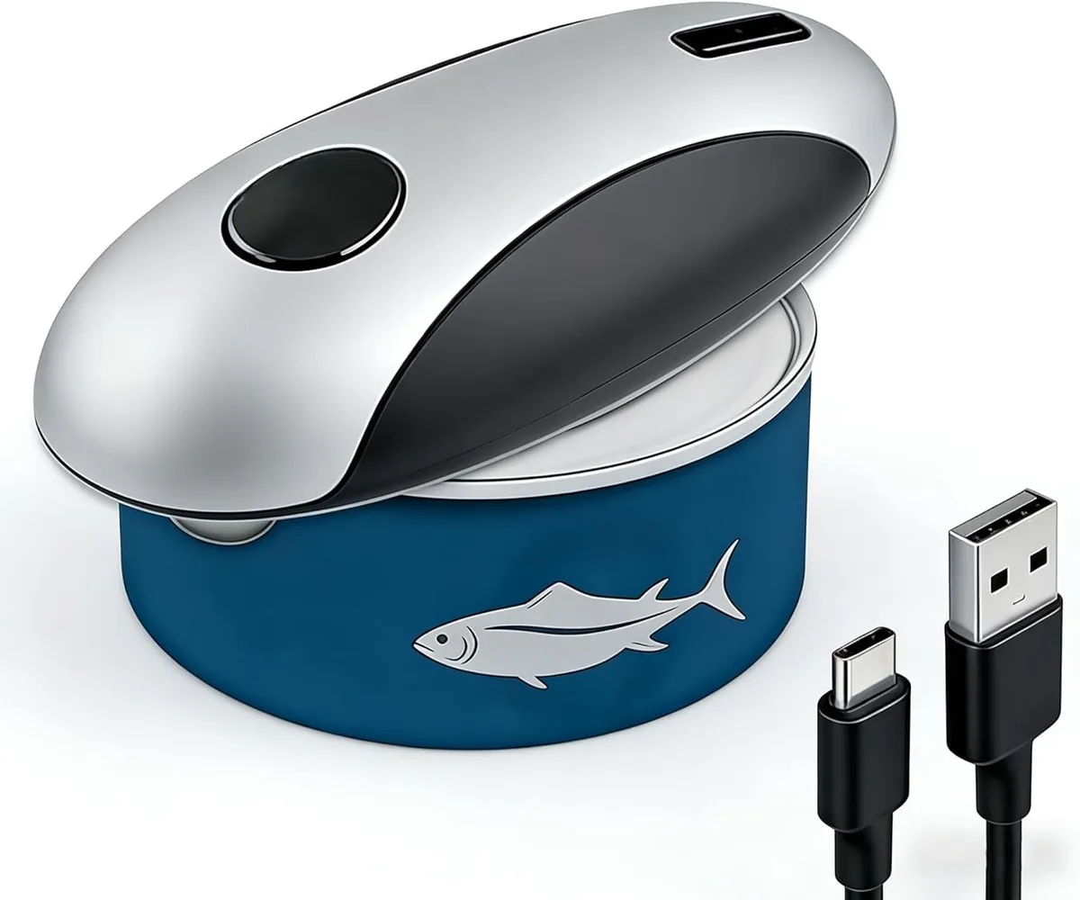 Grey cordless electric can opener with stainless steel blade and plastic body