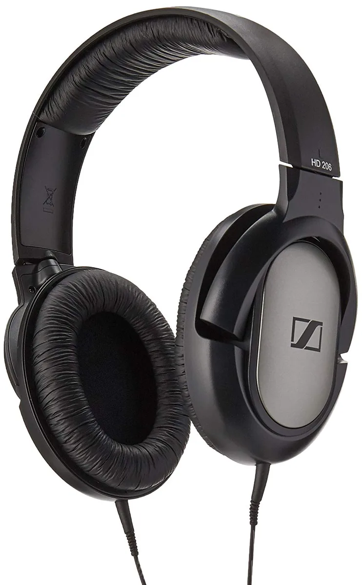 Black closed-back over-ear headphones with coiled cable and leatherette ear pads