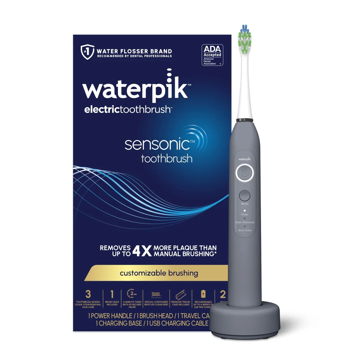 White electric toothbrush with ergonomic handle, travel case and charging base