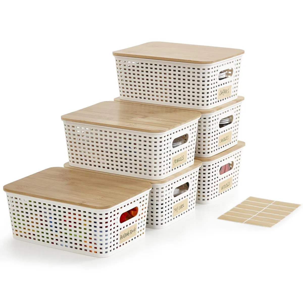 Six cream-white plastic bins with natural bamboo lids and side handles, stacked together