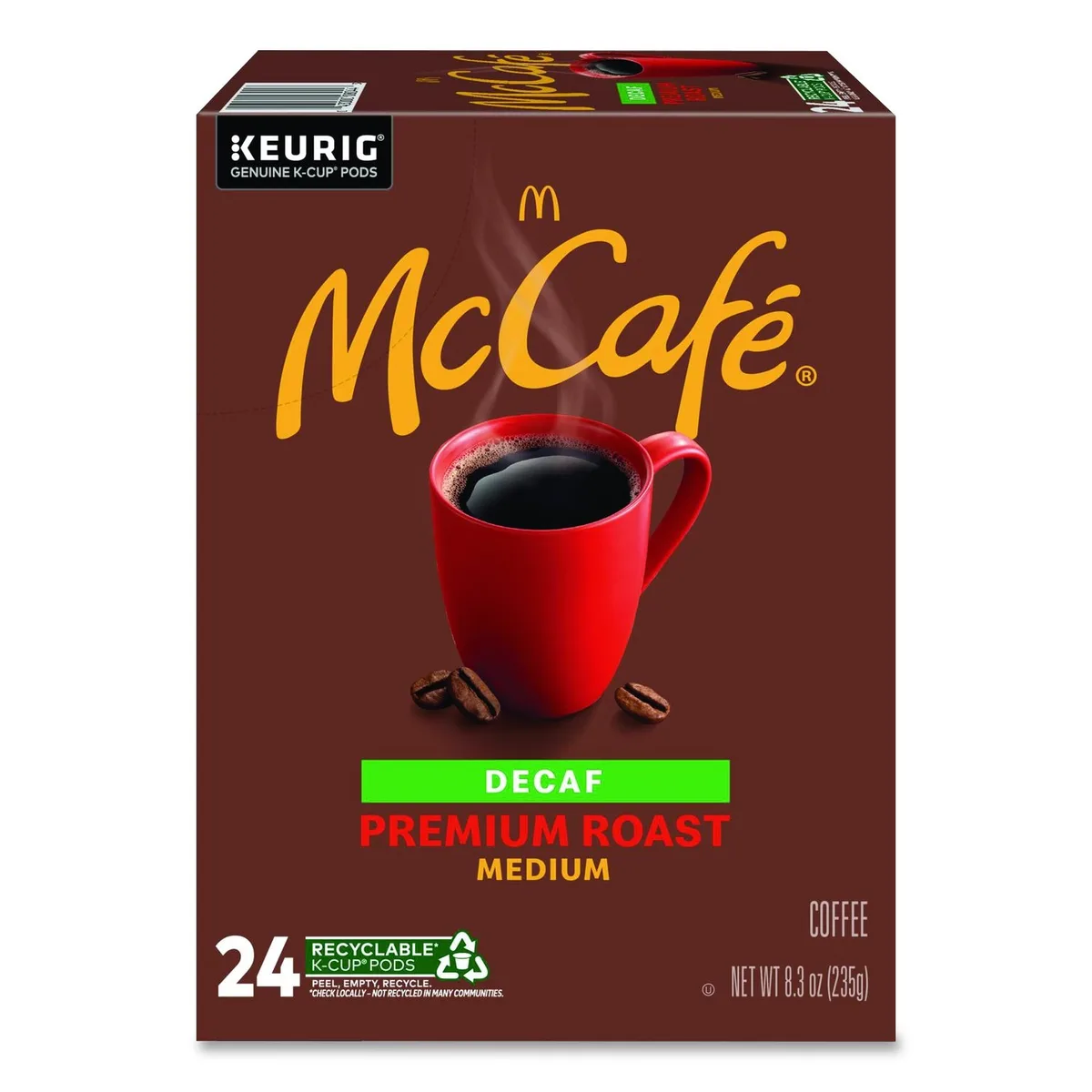 A cardboard box holding 24 Keurig decaf K-Cup pods