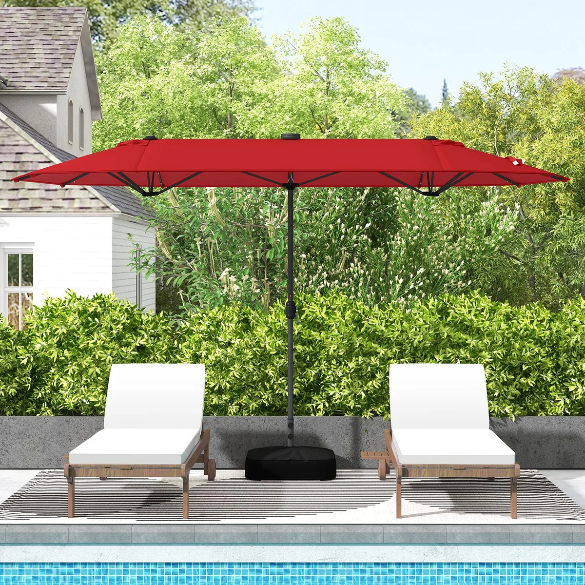 Red double-sided patio umbrella with solar lights, metal pole and cross base