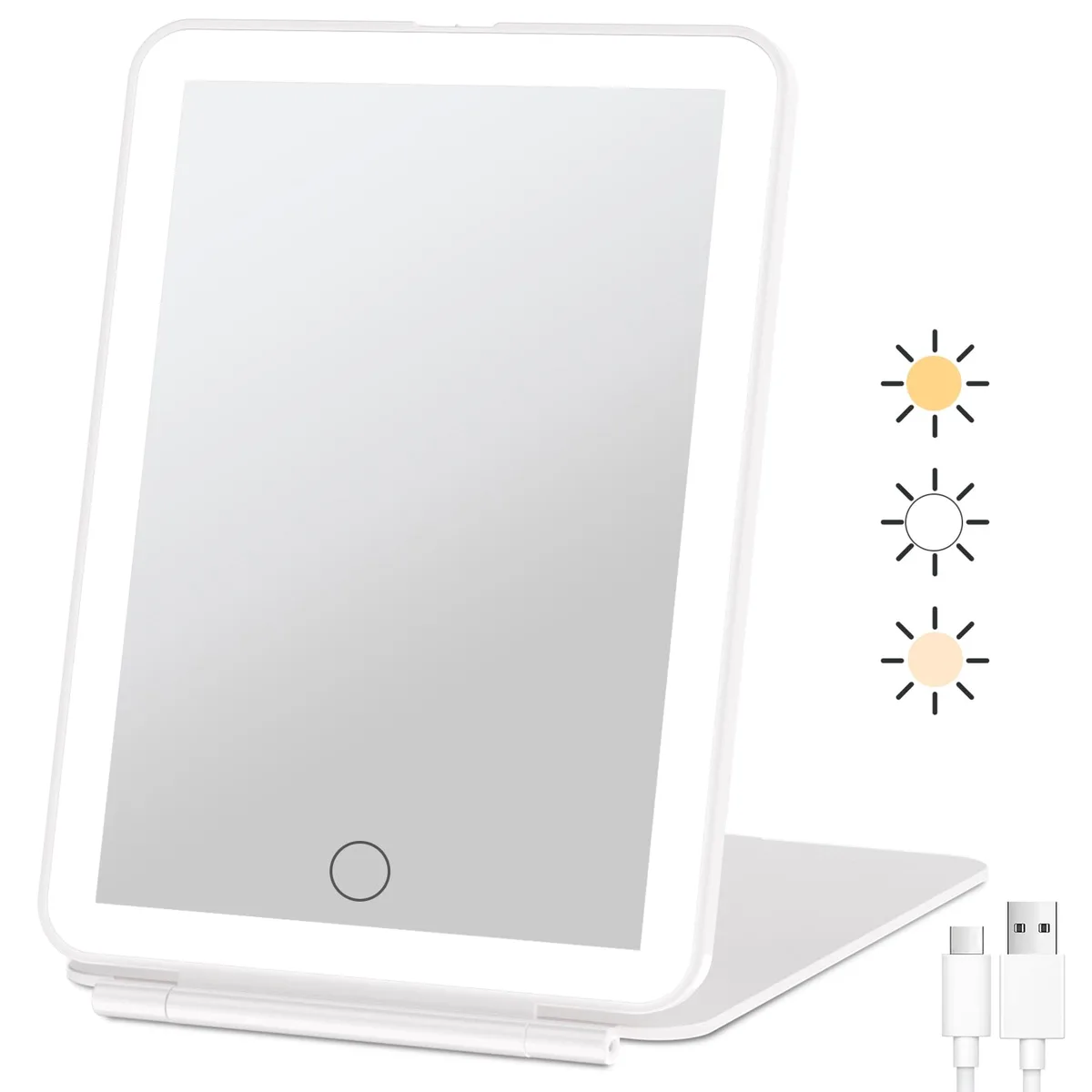 White rectangular folding mirror with 72 LEDs and touch controls