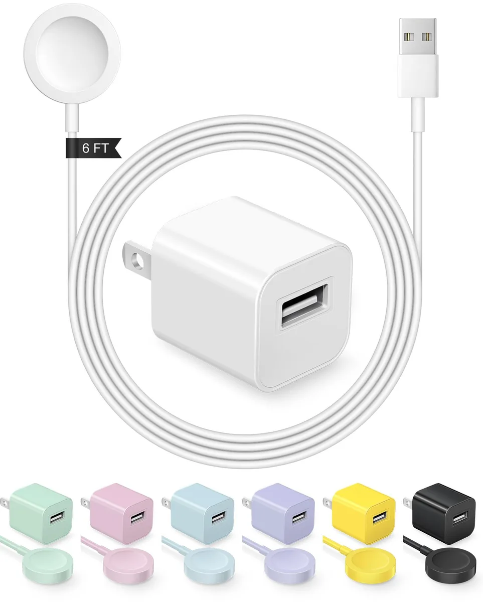 White magnetic Apple Watch charging puck on six-foot cable with USB-A wall adapter