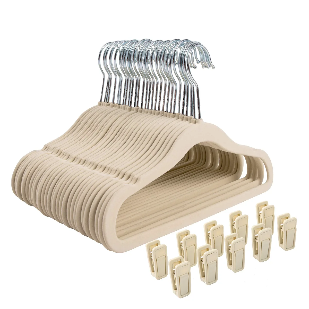 Beige velvet hangers, 30 pack, 11.6 by 7.7 inches, chrome swivel hooks