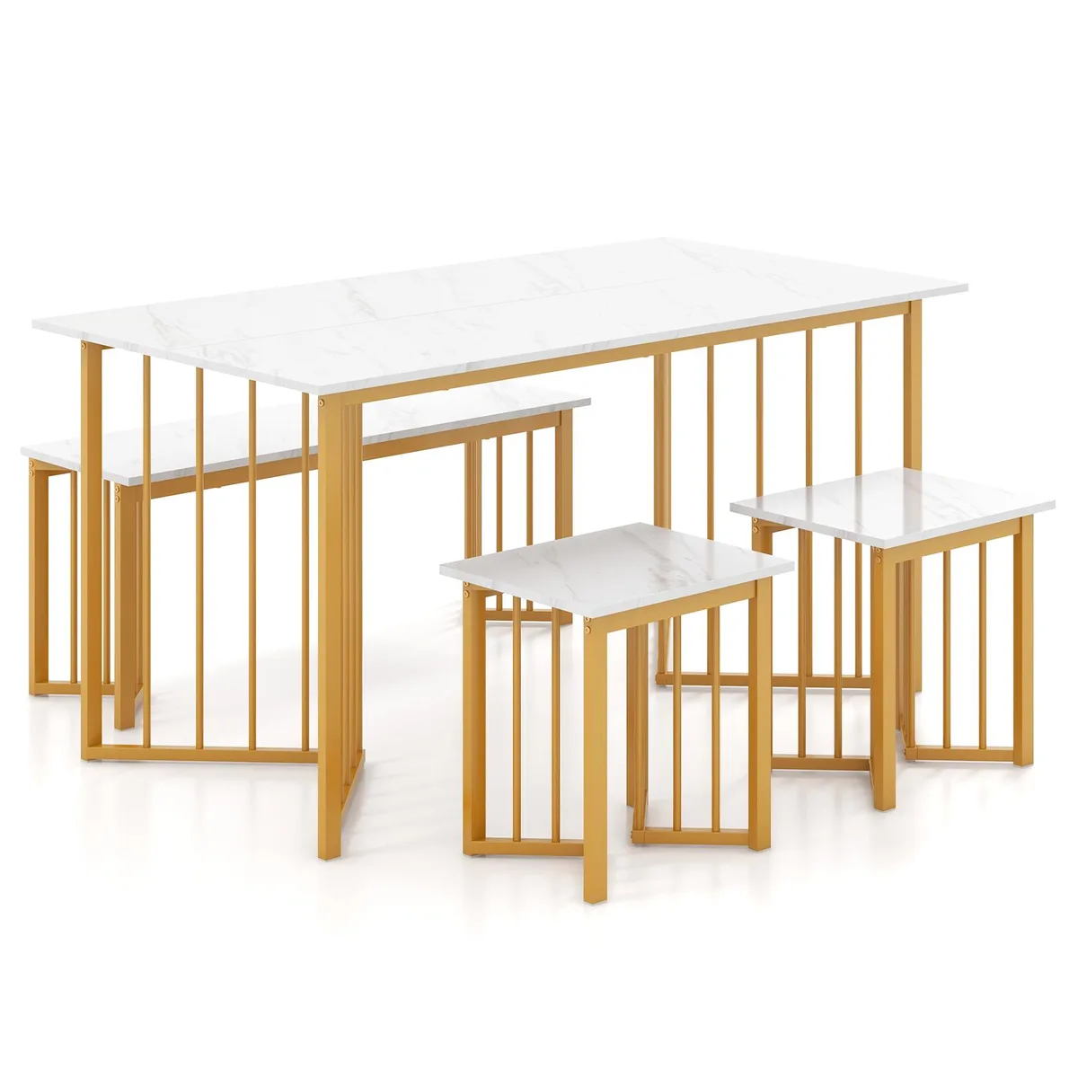 White rectangular dining table with gold metal legs, matching bench and two stools