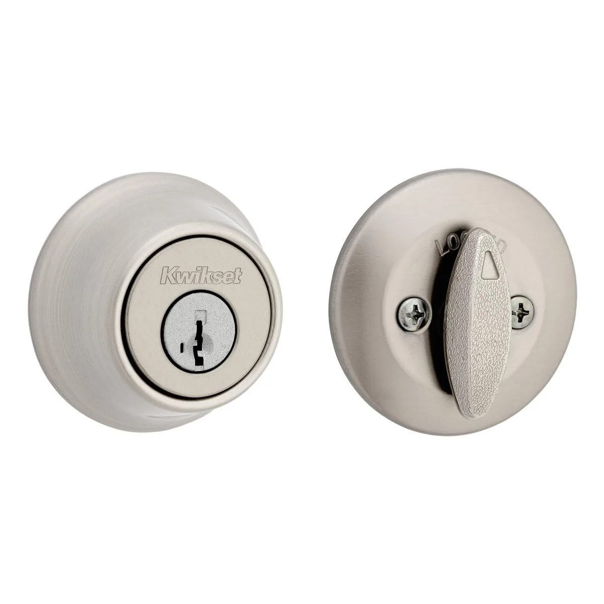 Satin nickel single cylinder deadbolt with round exterior keyway and interior turn piece