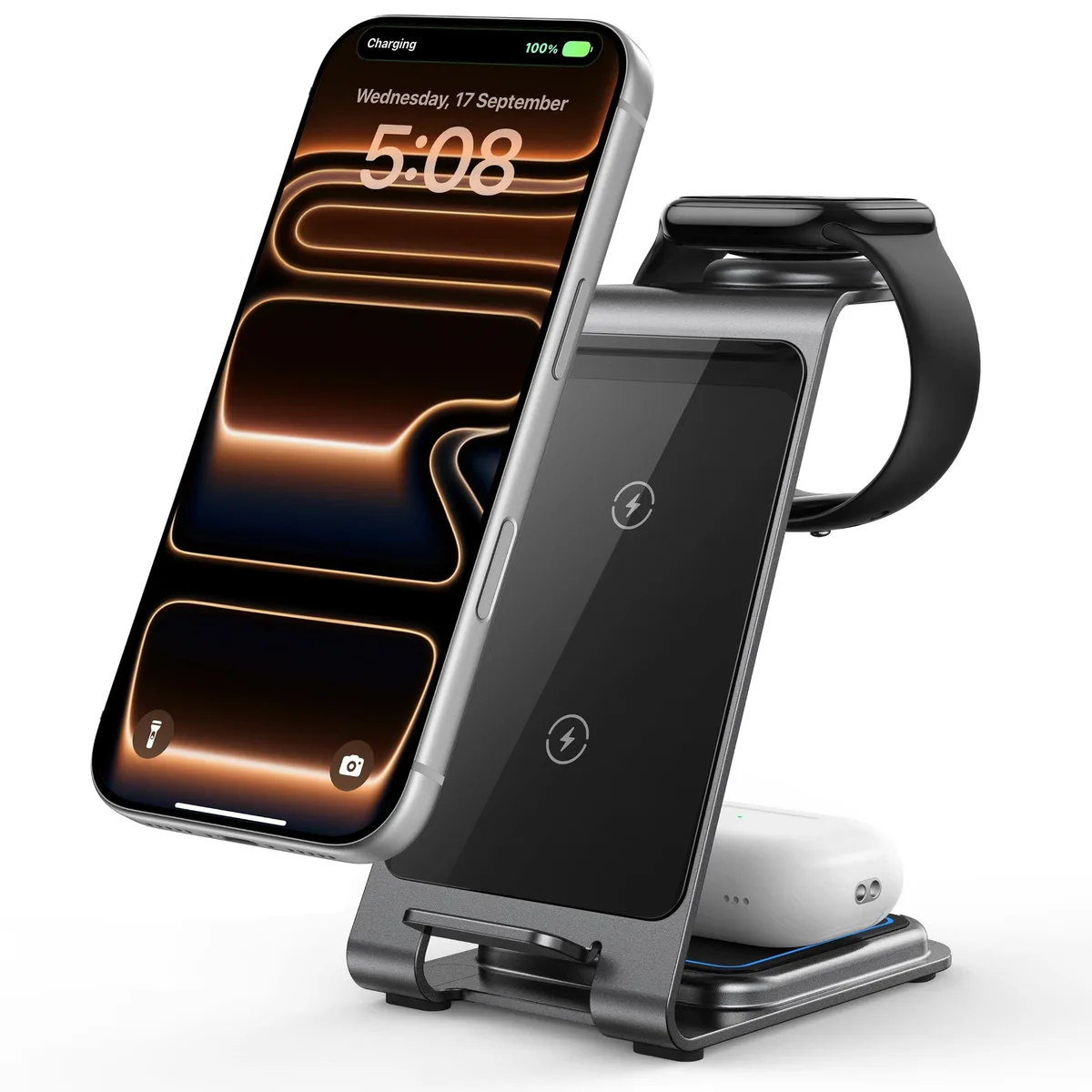 Grey aluminium 3-in-1 wireless charging stand for phone, watch and earbuds