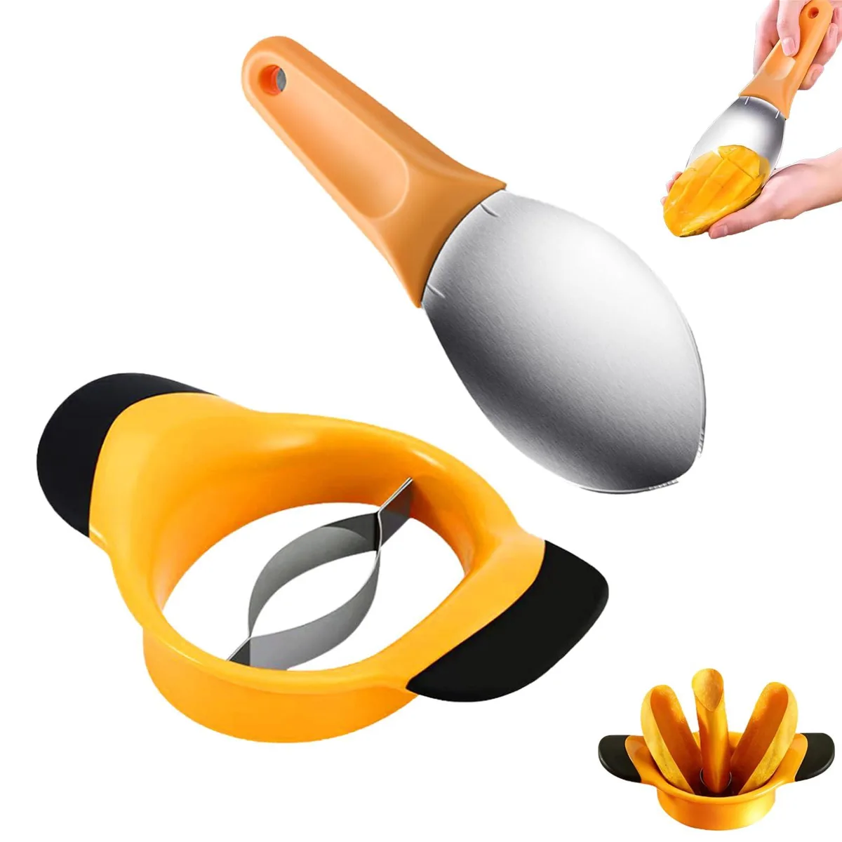 Two orange stainless steel mango slicers with curved blades and ergonomic handles