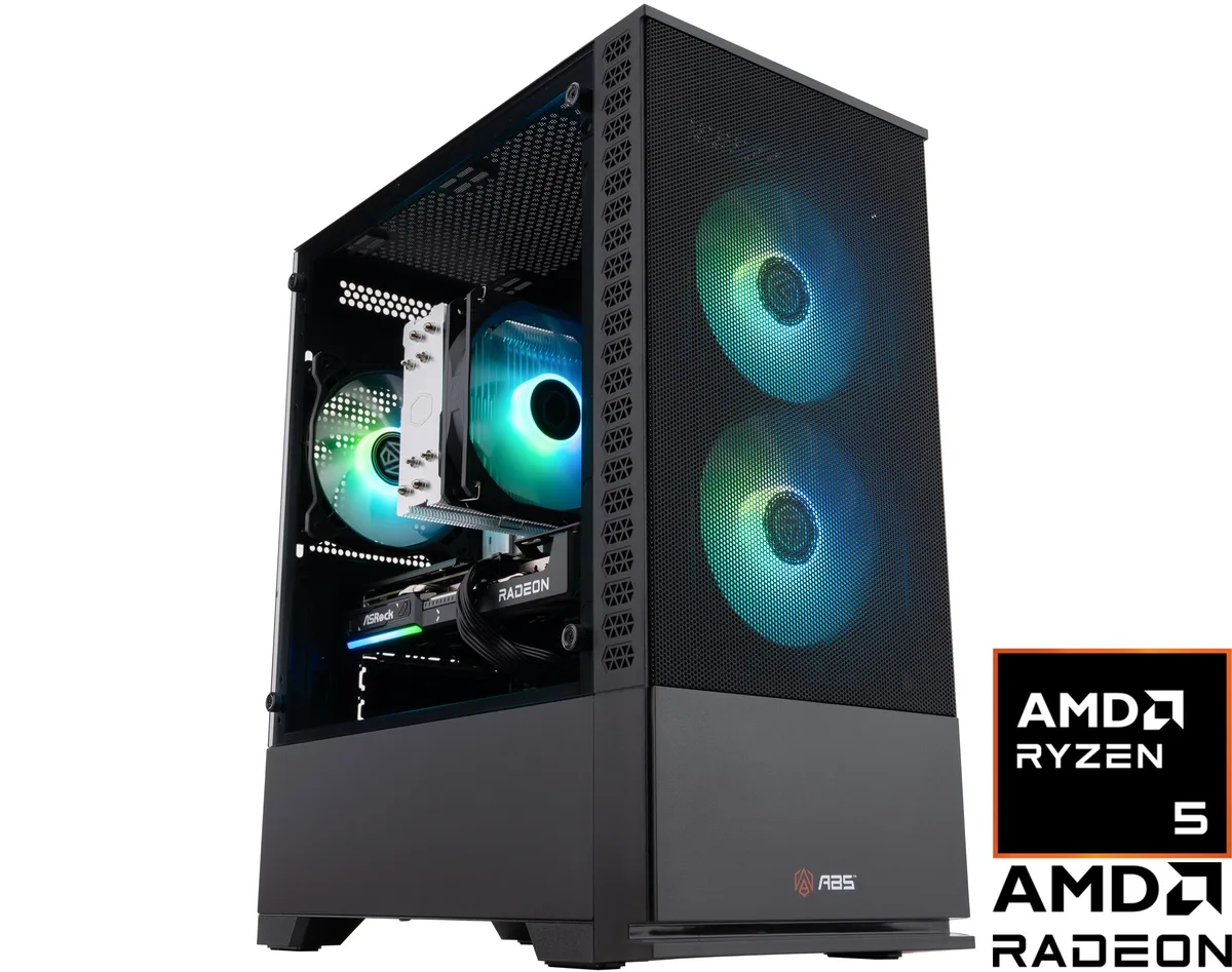 ABS ABS CR9600X9060XT gaming PC refurbished Ryzen 5 9600X Radeon RX 9060 XT 16GB 32GB DDR5 1TB NVMe — product photo
