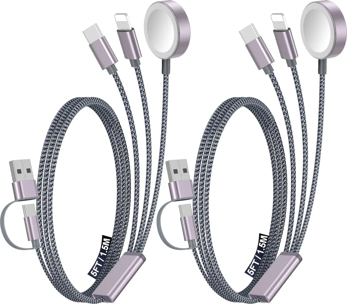xiwxi 2-Pack 3-in-2 USB/USB-C/Lightning Cable 1.2m Gray — product photo
