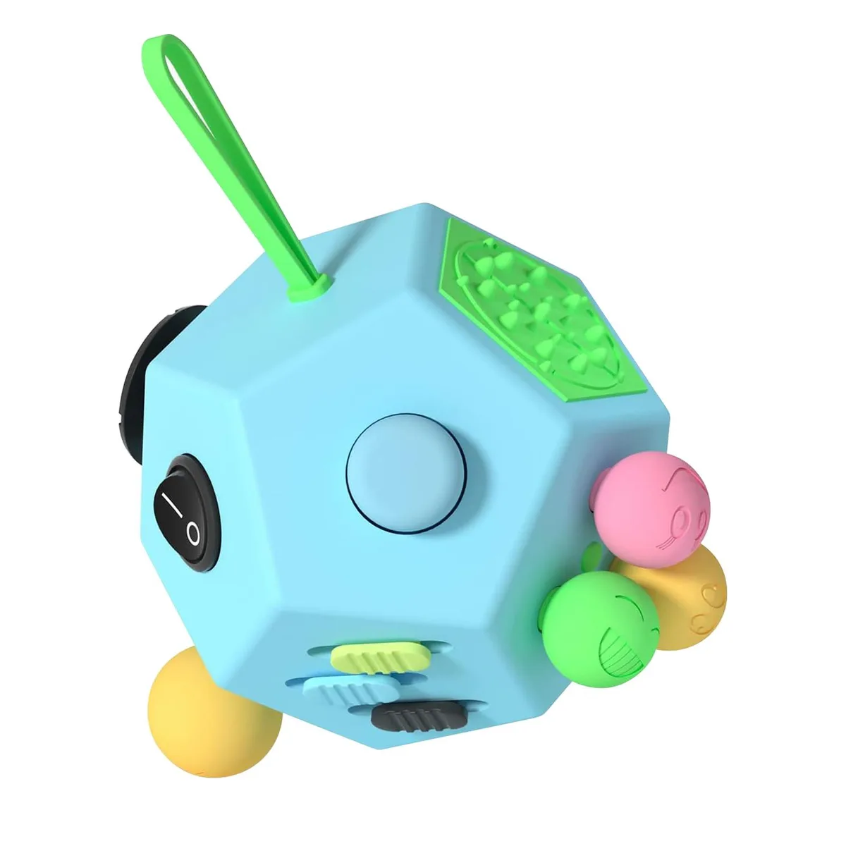 Blue 12-sided plastic fidget cube with buttons, gears, joystick and textured surfaces