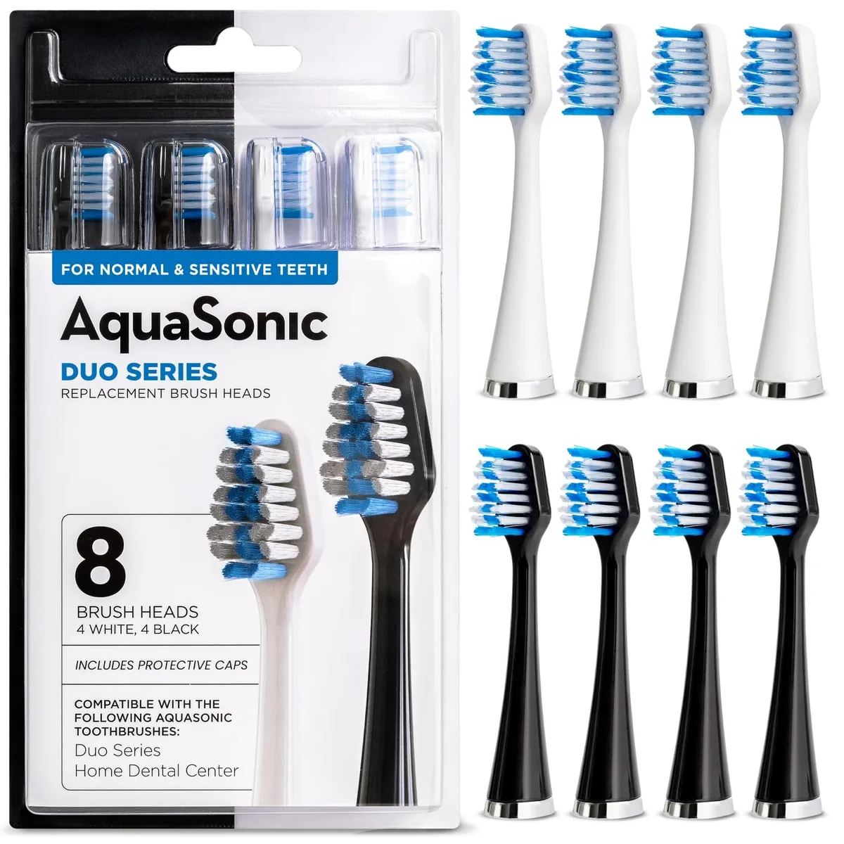 White replacement brush heads in an eight-count pack