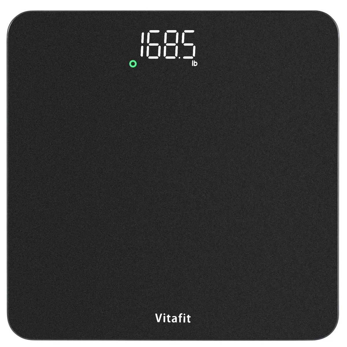Black flat bath scale with LED display measuring 28 by 28 centimetres