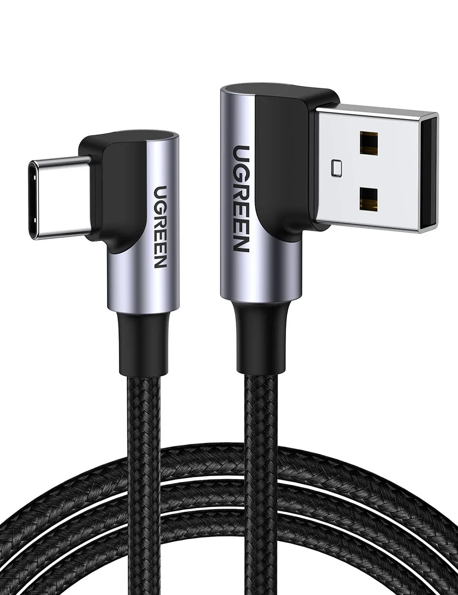Black nylon-braided USB-A to USB-C cable with 90-degree right-angle connector, 1.6ft length