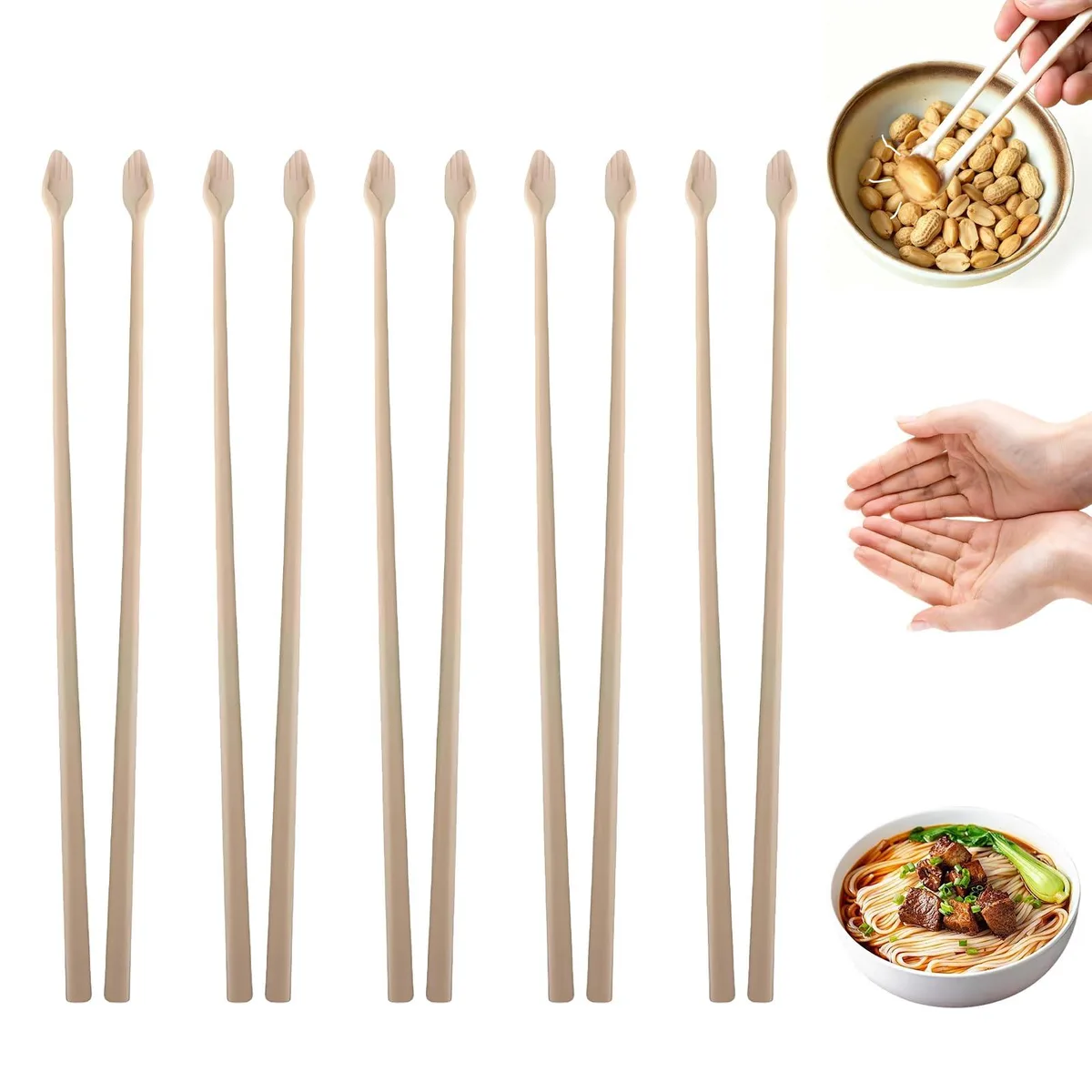 Five pairs of red ABS chopsticks with miniature hand-shaped tips, 23 cm long
