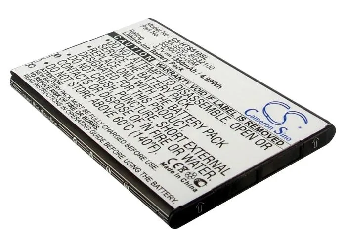 Rectangular smartphone replacement battery with gold contacts and printed labels