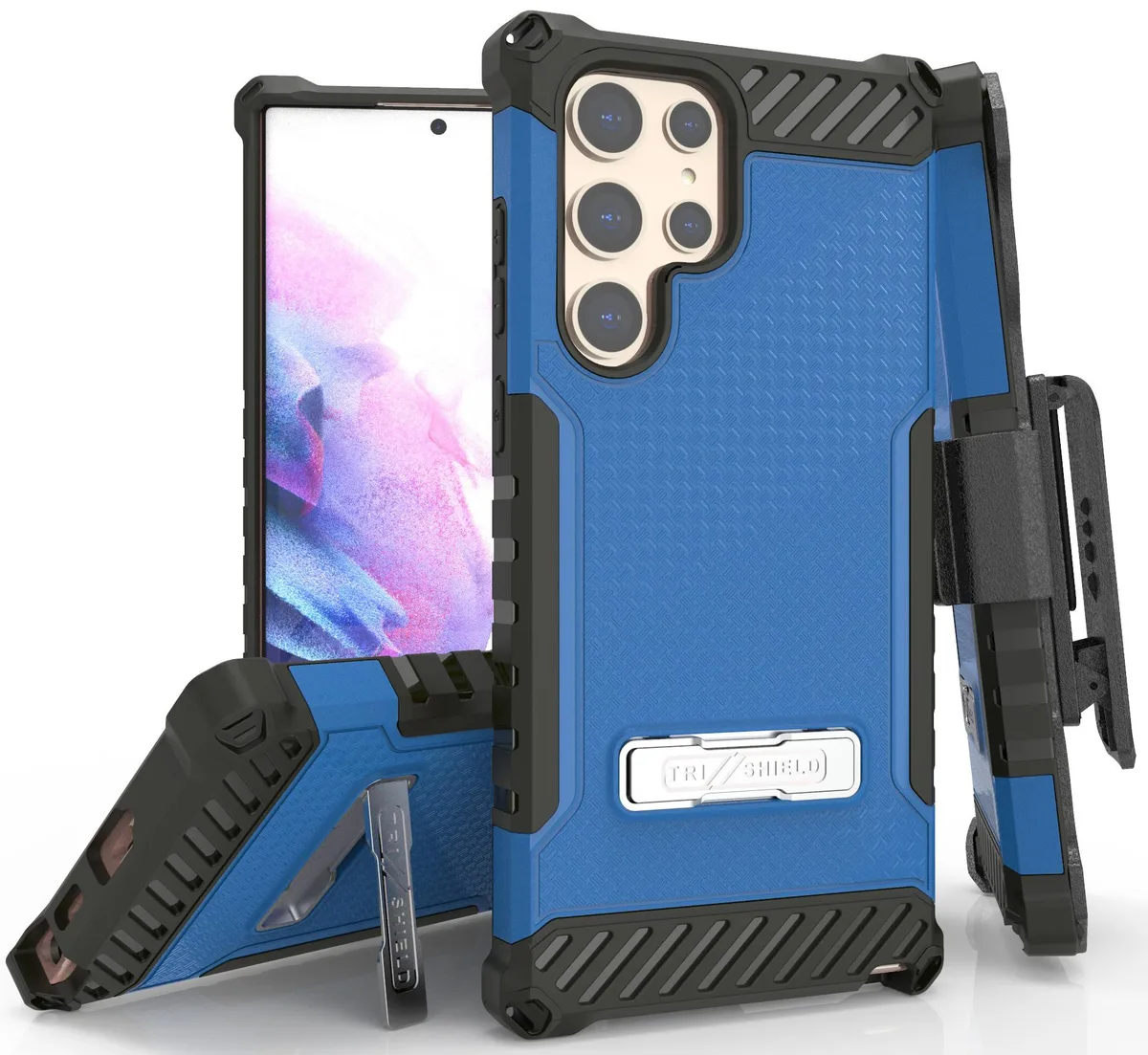 Nakedcellphone Nakedcellphone Tri-Shield Kickstand Case + Belt Clip Holster + Lanyard Strap Blue for Galaxy S22 Ultra 5G — product photo