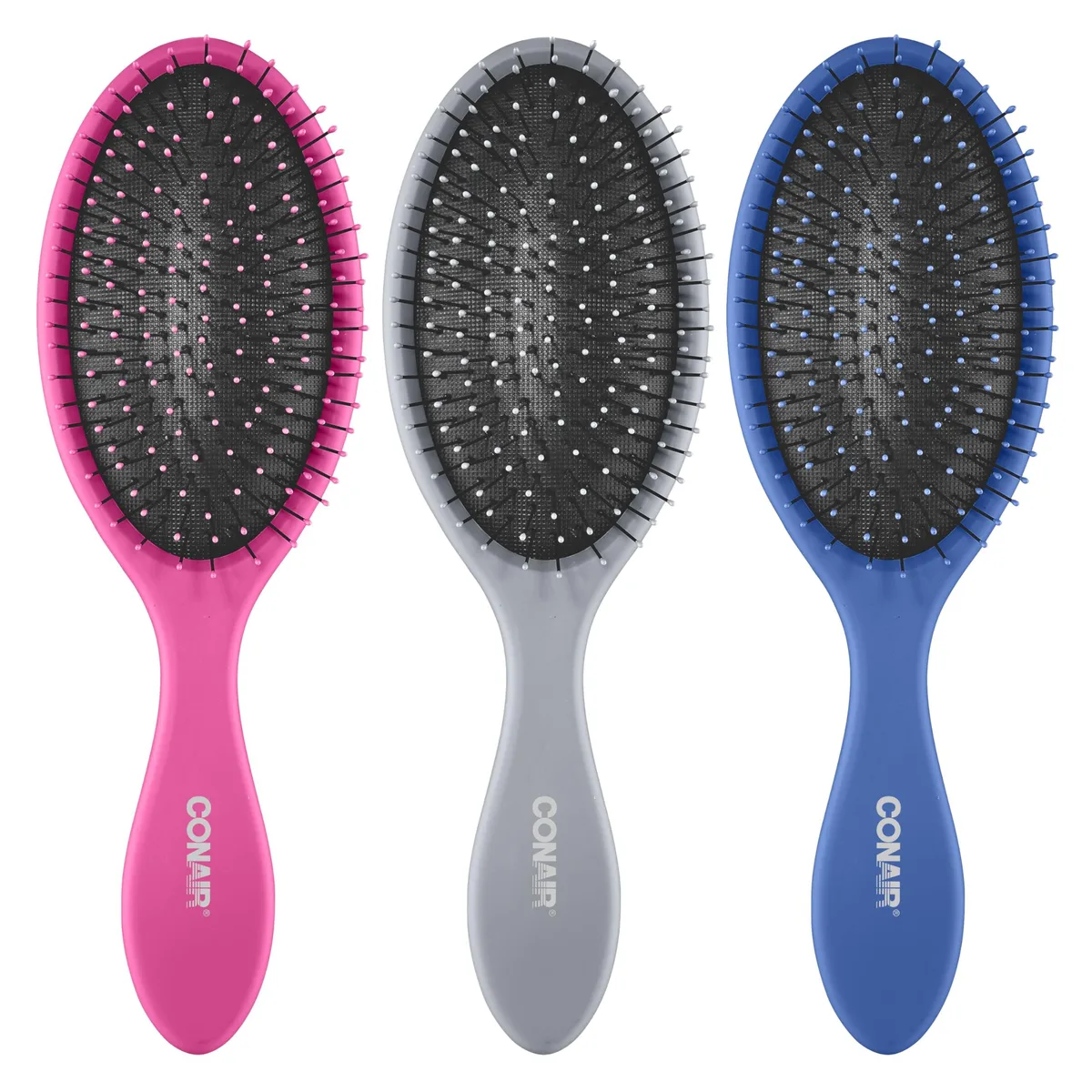 Three Conair detangling hair brushes in a set, full size, for wet or dry use