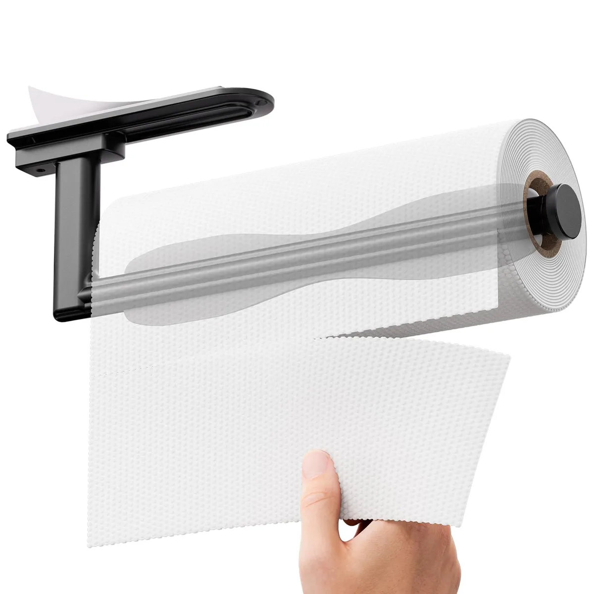 Black paper towel holder with self-adhesive and screw-mount options, shown in horizontal orientation