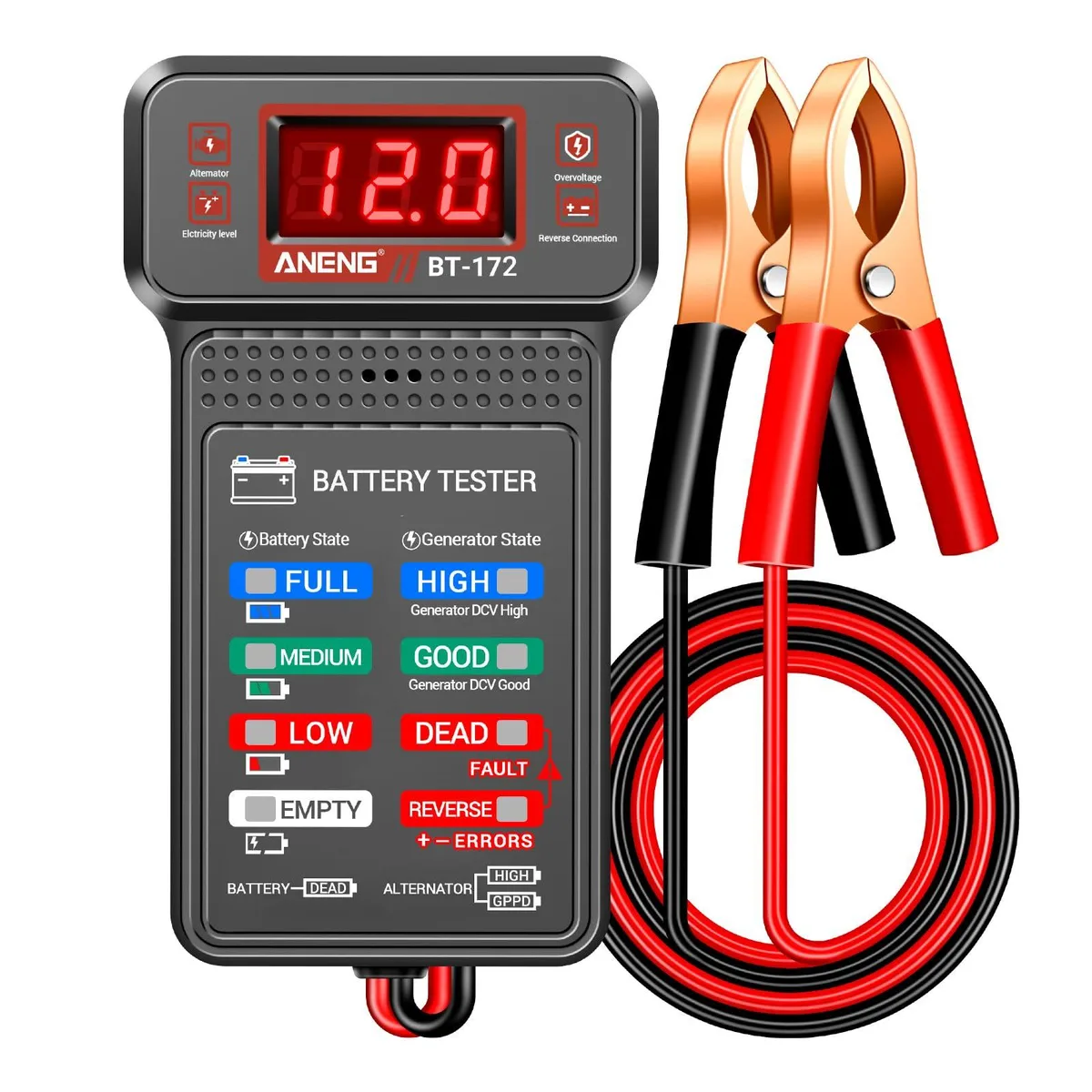 Compact ANENG BT172 12V battery tester with backlit LCD and LED indicators, red and black alligator clips