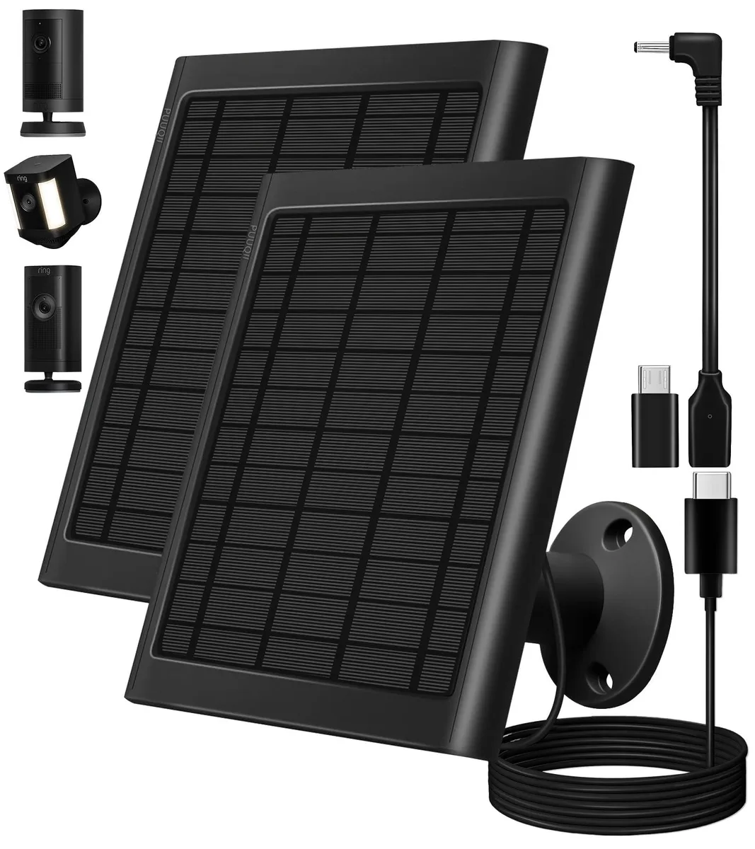 Two black rectangular solar panels with adjustable mounts and ten foot cables
