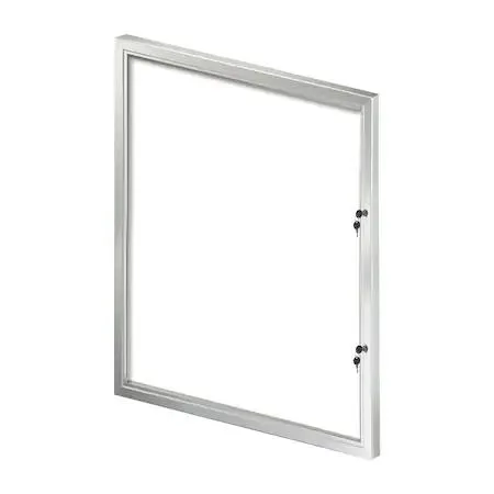 Rectangular aluminum-framed enclosed message board, glossy white magnetic surface, shatter-resistant polycarbonate locking door