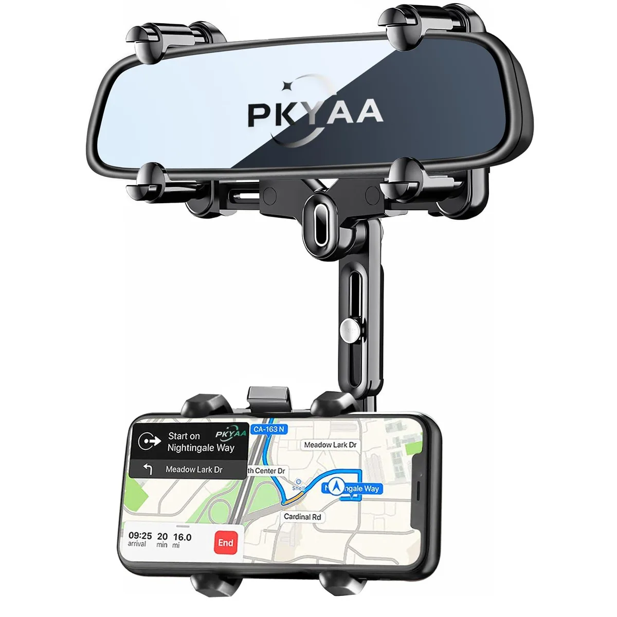 Black rear-view mirror phone mount with adjustable arm and four-corner grip