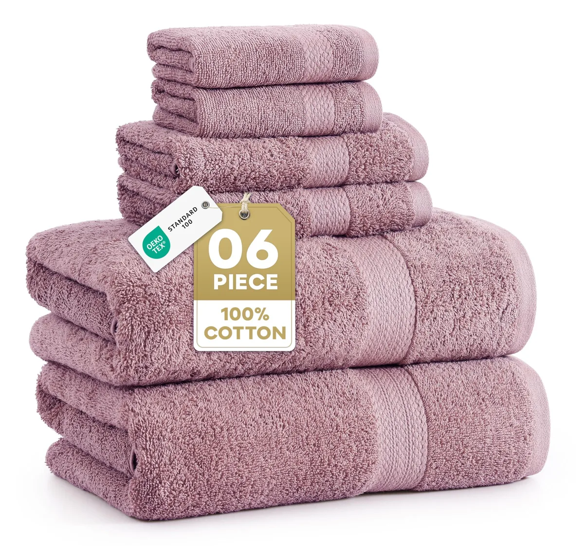 Stack of six mauve cotton towels in three sizes folded together