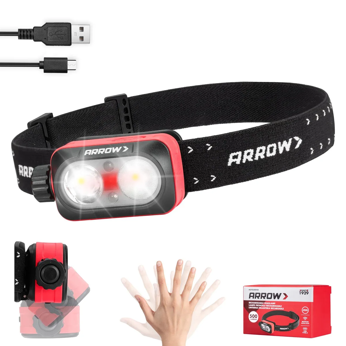 Compact rechargeable headlamp with adjustable 90° head, elastic headband, rotary switch and USB-C charging