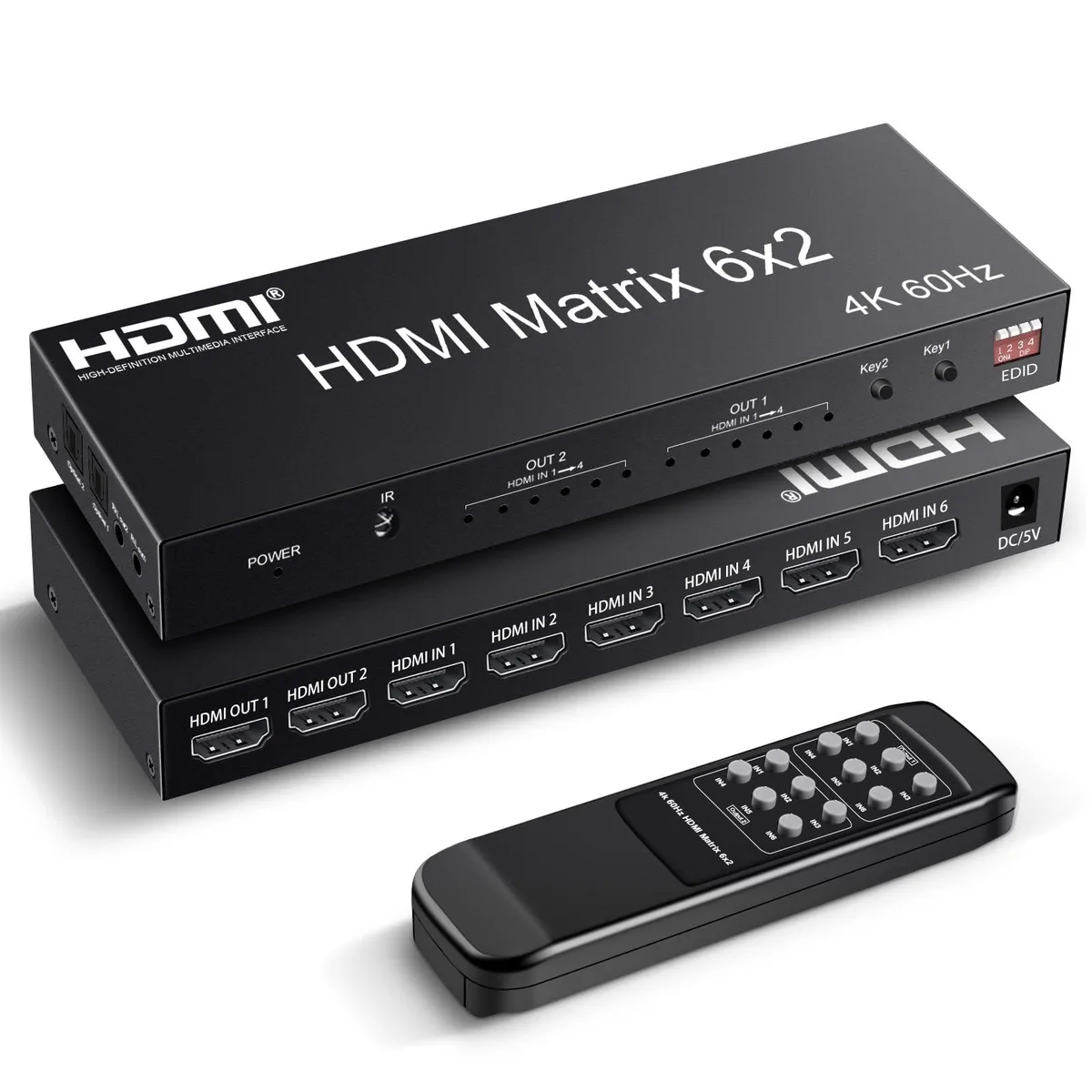 BUCIER BUCIER HDMI Matrix Switch 6x2 4K@60Hz IR Remote Optical 3.5mm Audio Extractor — product photo