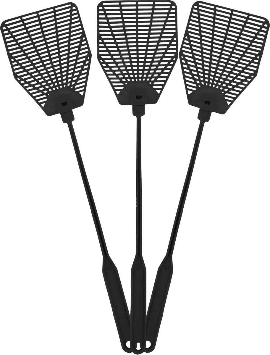 Three black rubber fly swatters with 40cm handles and 10cm heads