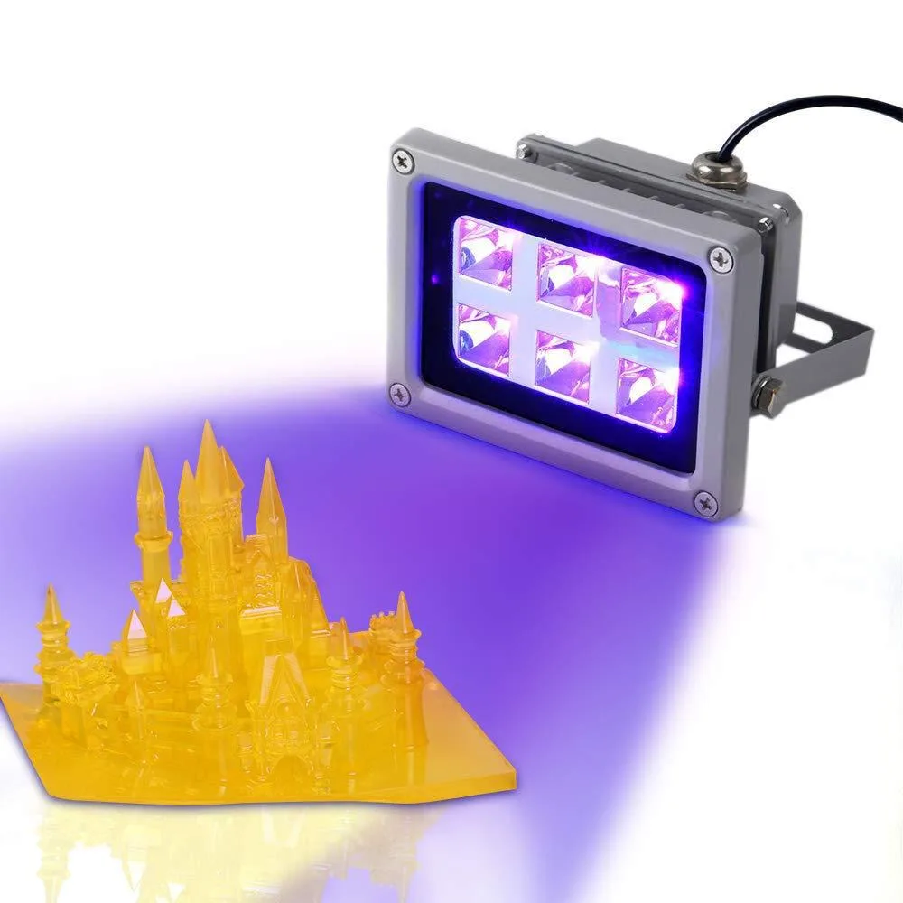 Grey rectangular UV curing light with adjustable bracket, 115 by 85 by 90 mm, six 405 nm LEDs