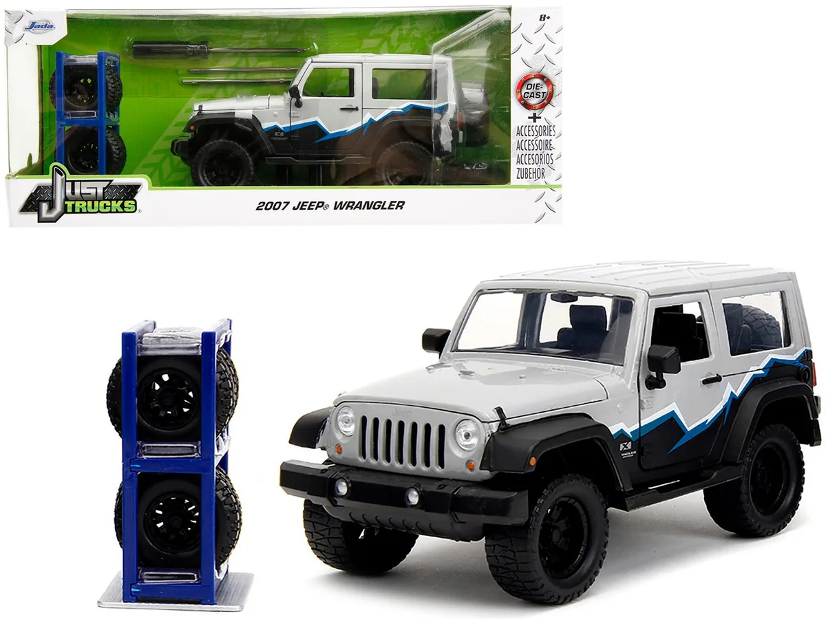 Jada Jada 2007 Jeep Wrangler Gray Black Blue White Stripes Extra Wheels Just Trucks 1/24 Diecast Hobby Collectible — product photo