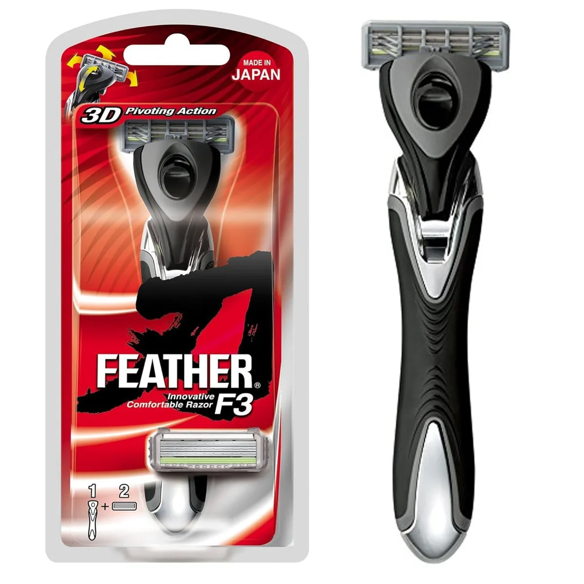 Silver three-blade cartridge razor with pivoting head and wavy guard