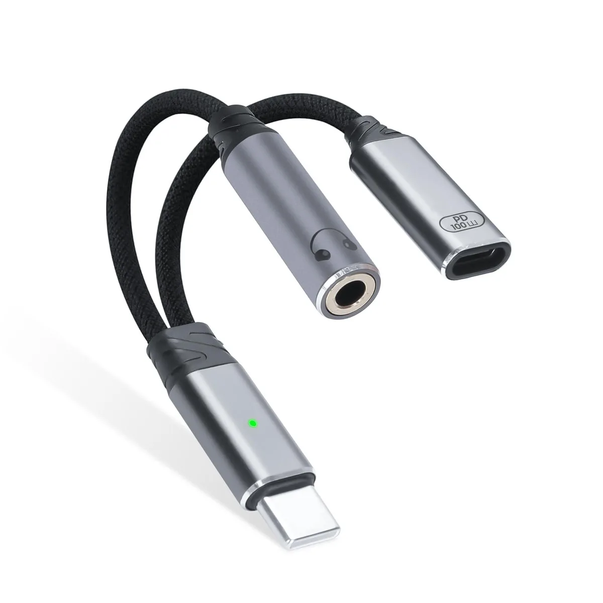 Grey USB-C splitter with 3.5 mm jack and USB-C PD port, aluminium housing, braided cable
