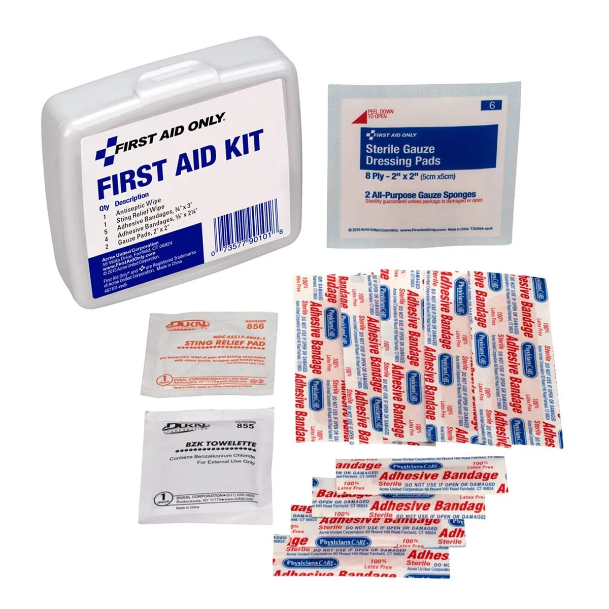 White plastic case containing 13-piece first aid kit